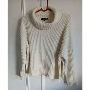 European culture womens small cowl neck alpaca ivory ribbed knit sweater cable